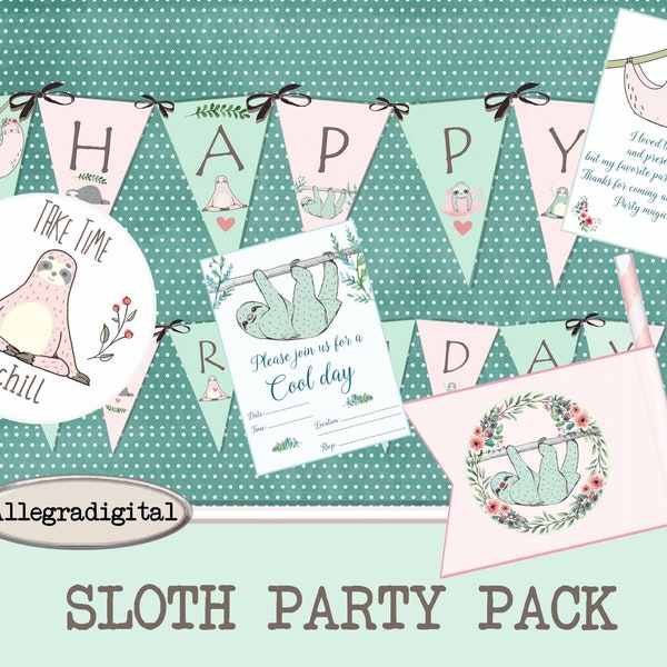 Sloth Party Pack Printable party decor Sloth diy paper crafting instant download digital collage sheet