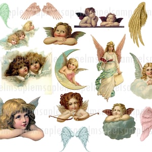 Vintage digital collage ángeles alas de ángel imágenes digitales ángeles, imágenes de tarjetas de scrapbooking PNG JPEG diario basura clipart ángeles
