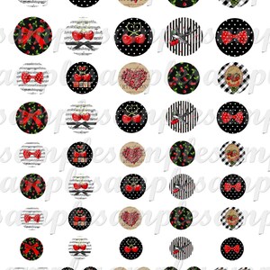 May include: Set of 36 round 1 inch printable digital images featuring cherries, bows, musical notes, and hearts. The images are in black, white, and red.