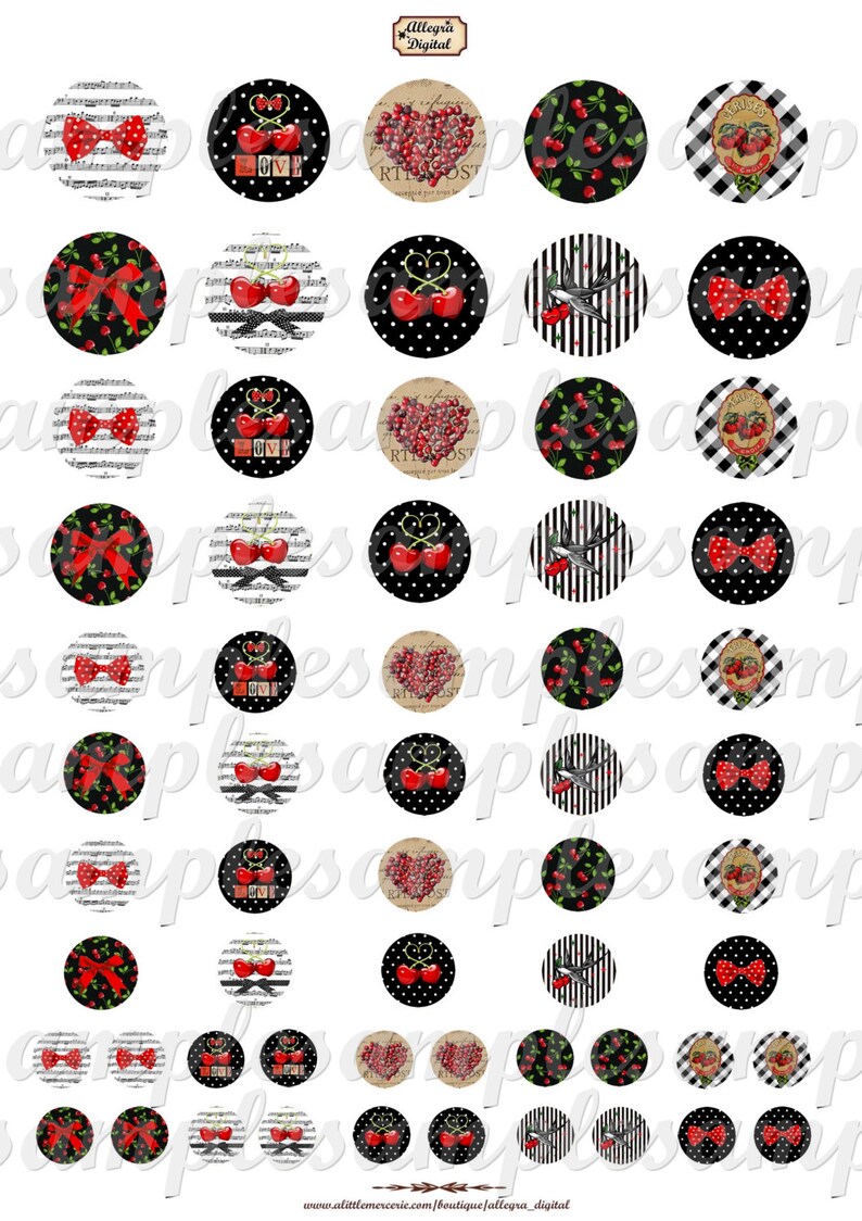 May include: Set of 36 round 1 inch printable digital images featuring cherries, bows, musical notes, and hearts. The images are in black, white, and red.