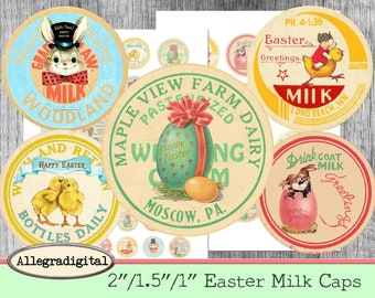 Retro Easter Milk Caps - Vintage 50's-60's Easter Spring Printable - Nostalgic Easter Holiday Digital Download, Allegradigital
