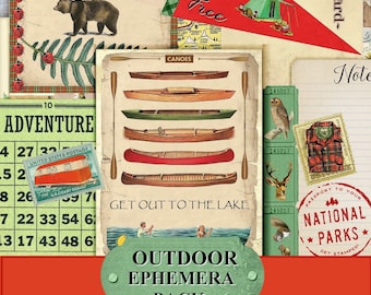 May include: A collage of vintage-style outdoor-themed ephemera. Includes postcards with text like "Explore, let's go" and "Wild & Free", canoe illustrations, stamps, and a Crater Lake National Park badge. The phrase "Outdoor Ephemera Pack" is also visible.
