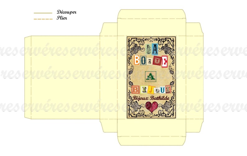 May include: A printable template for a jewelry box. The box is decorated with a vintage-style design featuring the words "La Boite a Bijoux" and a heart. The template includes instructions to cut and fold the paper.