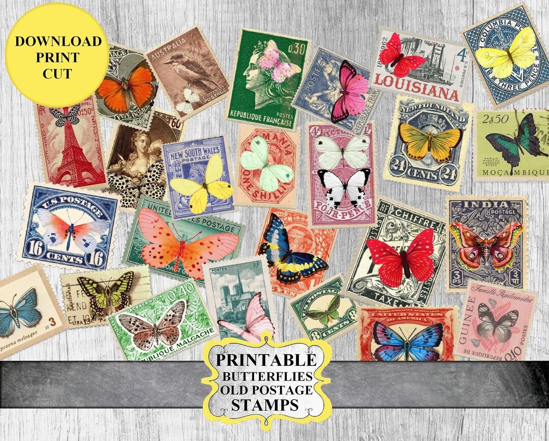 Vintage Postage Stamps Butterflies, Printable Old Postage Stamps ...