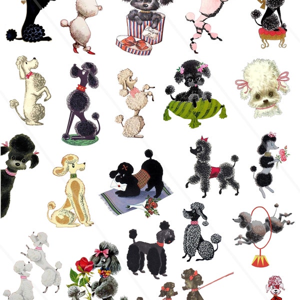 Vintage Poodles clip art Digital Collage Sheet retro poodles dogs Clip art for Card Making Decoupage Junk journal PNG dogs