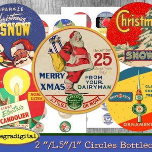 Retro Christmas bottlecaps Printable Christmas Tree Ornaments shiny Brite 2 inch cirles 1.5 inch circles 1 inch circles INSTANT DOWNLOAD