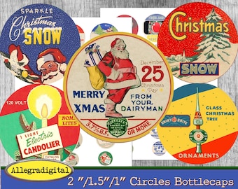 Retro Christmas bottlecaps Printable Christmas Tree Ornaments shiny Brite 2 inch cirles 1.5 inch circles 1 inch circles INSTANT DOWNLOAD