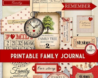 Retro Family Junk Journal Kit – Printable Family Tree & Genealogy Album, Instant download, Allegradigital