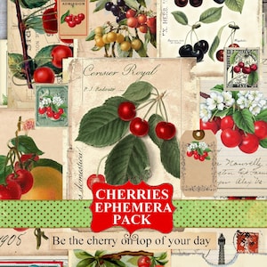 Cherry Junk Journal Ephemera Kit - Ciliegie botaniche vintage, cartoline Summer Orchard, etichette e download digitale stampabile, Allegradigital