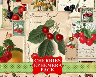 Cherry Junk Journal Ephemera, Cherries Ephemera Pack Cherry Garden Post Card, Tag, Digital Download, Printable Botanical Summer Orchard