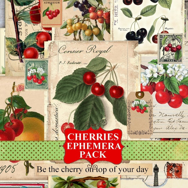 Cherry Junk Journal Ephemera, Cherries Ephemera Pack Cherry Garden Post Card, Tag, Digital Download, Printable Botanical Summer Orchard