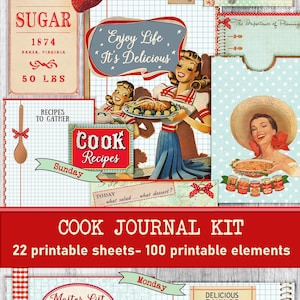 Retro Cook Journal Kit – Vintage Recipe Printable Journal | DIY Retro Cookbook Collage Sheet | Instant Download