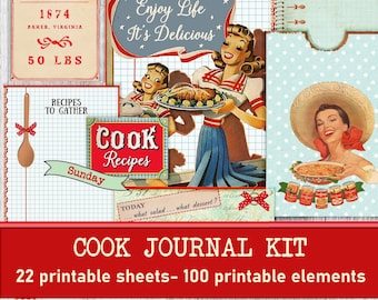 Cook Journal Kit, Cook Junk Journal, Instant Download, Vintage Recipes Printable Journal DIY retro cookbook digital collage sheet
