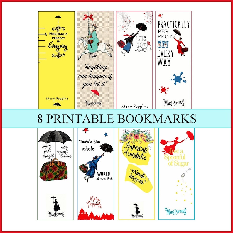 Może przedstawiać: Osiem drukowanych zakładek z cytatami i ilustracjami Mary Poppins. Zakładki są ż&oacute;łte i białe z czarnym tekstem i obrazkami. Cytaty obejmują: "Praktycznie idealna w każdym calu", "Wszystko może się zdarzyć, jeśli pozwolisz", "Chodźmy latać latawcem", "Supercalifragilisticexpialidocious", "Cały świat leży u twoich st&oacute;p", "Tylko łyżeczka cukru", "Supercalifragilisticexpialidocious", i "Supercalifragilisticexpialidocious".