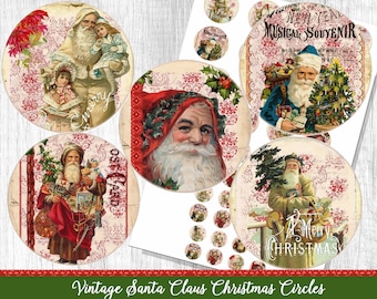 Digital collage sheet Circles Santa Claus Christmas Victorian Images for pendants, Bottle cap images, Digital Tags, Holiday circles Images