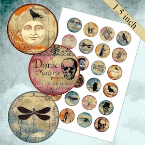 Digital collage sheet circles Macabre 1.5 inch Circles, 1.2 inch Bottlecap Images, Halloween Images, Images for Cabochons, Vintage Gothic,