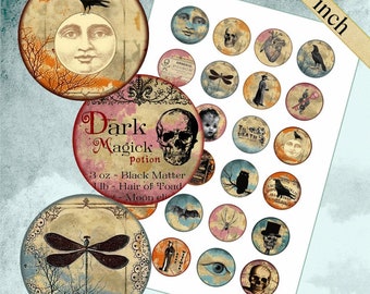 Digital collage sheet circles Macabre 1.5 inch Circles, 1.2 inch Bottlecap Images, Halloween Images, Images for Cabochons, Vintage Gothic,
