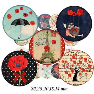 images digitales cabochon coquelicot, fleur, Paris, Tour Eiffel rétro, images cabochon bijoux badge collage digital, images à imprimer