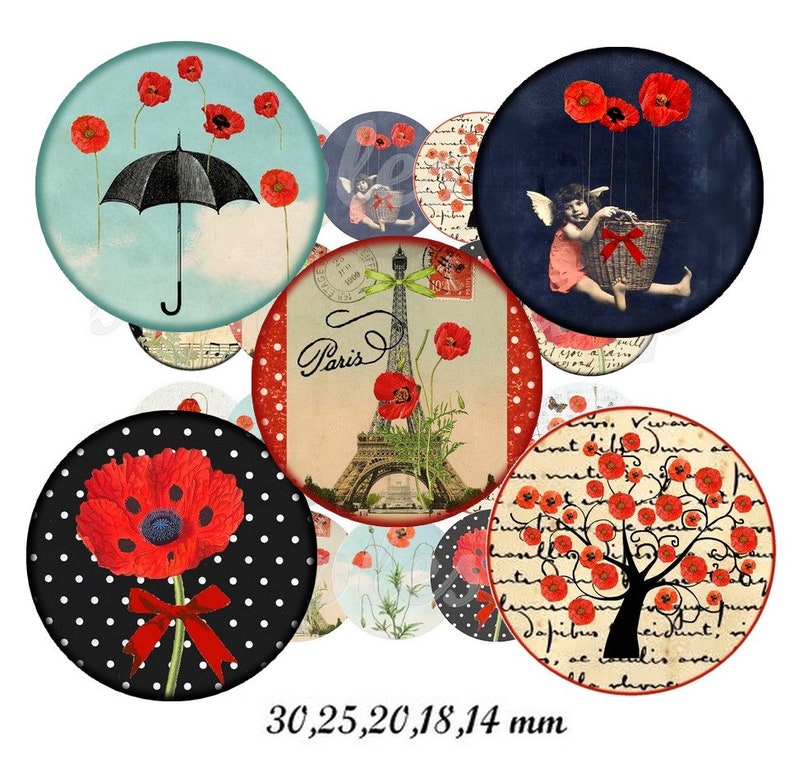 Digital Bottle Cap Poppy Poppies Digital Collage Sheet Poppy Etsy Canada