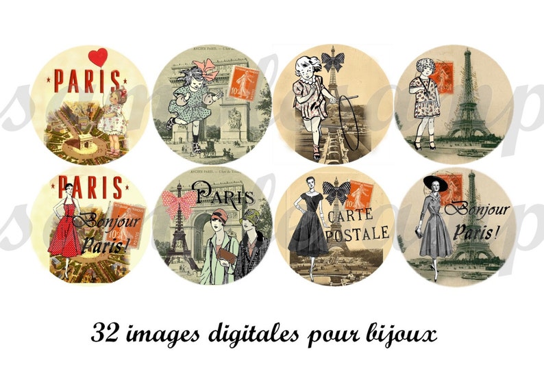 Digital Collage Sheet Circles 1 Inch Rtro Paris Vintage Tour Eiffel ...