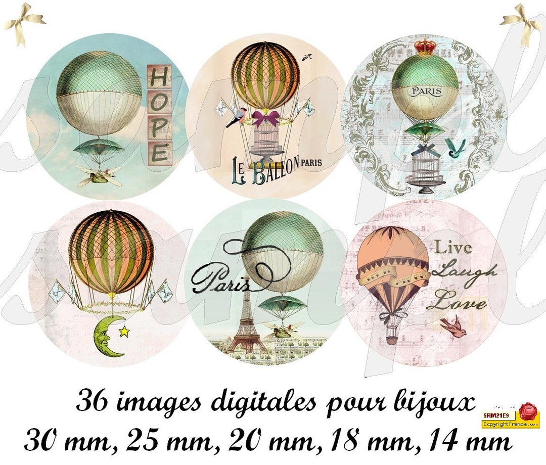 Digital Collage Sheet Circles Hot Air Ballon, Vintage Images, One Inch ...