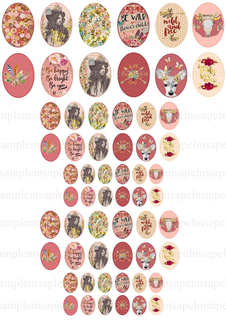 May include: A set of 25 round, pink and cream colored, floral patterned, digital scrapbook paper designs. The designs feature various floral patterns, butterflies, and inspirational quotes like "Be Wild Flower Child" and "Wild and Free".