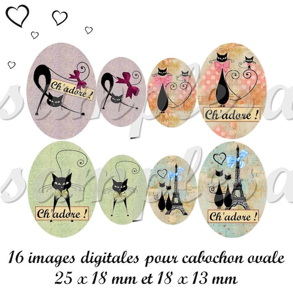 images digitales ovales  rétro "Ch'Adore !", collage digital pour bijoux, cabochon, médaillon, chat, chat noir, Paris, Tour Eiffel