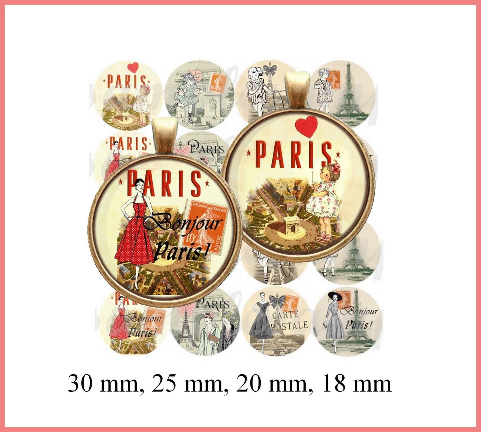Digital Collage Sheet Circles 1 Inch Rtro Paris Vintage Tour Eiffel ...