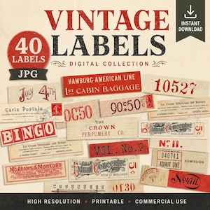 Peut inclure: Une collection numérique de 40 étiquettes vintage de styles variés. Les étiquettes comportent des textes tels que "Vintage Labels", "July 4th", "Bingo" et "Hamburg-American Line". L'image comprend également le texte "Instant Download", "High Resolution" et "Commercial Use".