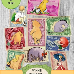 Druckbare Briefmarken Winnie the Pooh Ephemera, Junk Journal Zubehör, Vintage Kunststempel, Kleine digitale Ephemera Seite