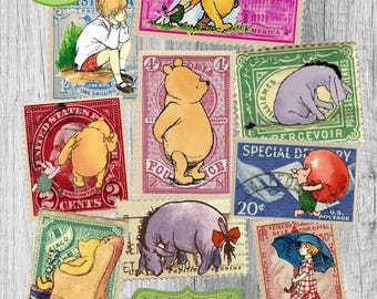 May include: A set of printable Winnie the Pooh stamps featuring various characters from the classic children's book series. The stamps are designed to look like vintage postage stamps with different colors and designs. The stamps include Winnie the Pooh, Piglet, Eeyore, and Tigger.