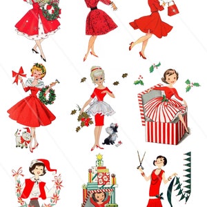 Vintage Christmas Ladies 50's Fifties Clipart Clip Art Digital Collage Sheet Christmas Scrapbooking for Card Making Decoupage Paper PNG