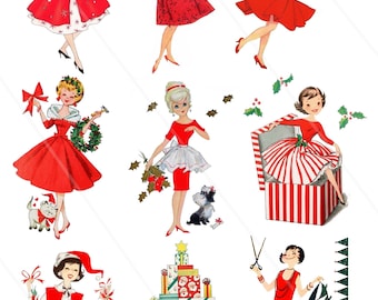 Vintage Christmas Ladies 50's Fifties Clipart Clip Art Digital Collage Sheet Christmas Scrapbooking for Card Making Decoupage Paper PNG
