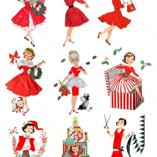 Vintage Christmas Ladies 50's Fifties Clipart Clip Art Digital Collage Sheet Christmas Scrapbooking for Card Making Decoupage Paper PNG