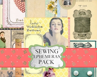 Sew Junk Journal Kit Ephemera, Ephemera Pack sewing ephemera Post card, Tag, Digital Download, Junk Journal Kit, Scrap Pack, collage sheet