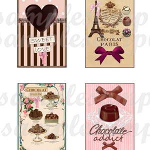 May include: Four printable digital images with a chocolate theme. The first image features a brown heart with the words "Sweet Love" on a pink and brown striped background. The second image features a vintage illustration of the Eiffel Tower with the words "Chocolat Paris" and a pink bow. The third image features a vintage illustration of different types of chocolate with the words "Chocolat Paris". The fourth image features a chocolate candy with a pink bow and the words "Chocolate Addict" on a pink and white striped background.