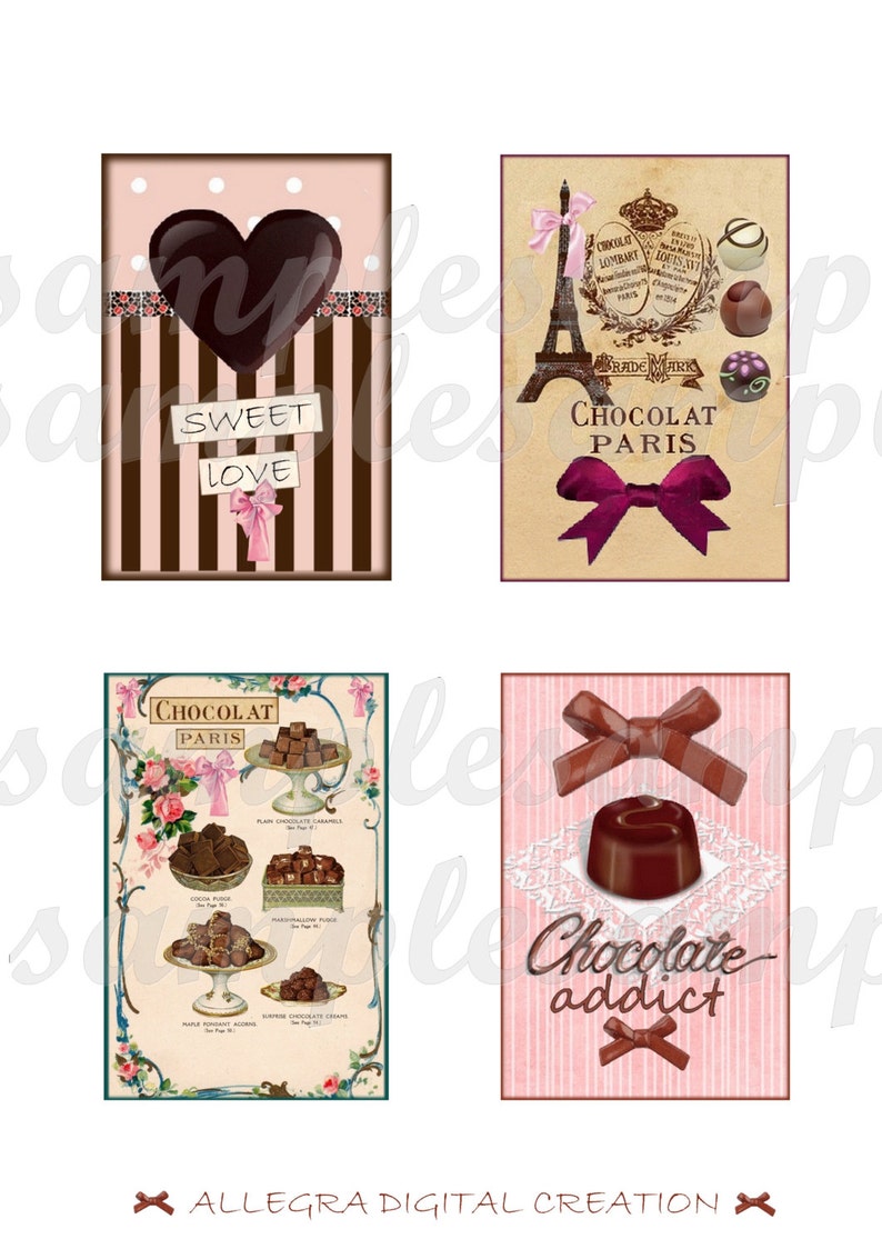 May include: Four printable digital images with a chocolate theme. The first image features a brown heart with the words "Sweet Love" on a pink and brown striped background. The second image features a vintage illustration of the Eiffel Tower with the words "Chocolat Paris" and a pink bow. The third image features a vintage illustration of different types of chocolate with the words "Chocolat Paris". The fourth image features a chocolate candy with a pink bow and the words "Chocolate Addict" on a pink and white striped background.