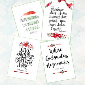 May include: Four printable cards with inspirational quotes and bible verses. Each card features a floral design with red and green accents. The quotes are: "Under his wings you will find refuge", "Perhaps this is the moment for which you have been created", "Give thanks with a grateful heart", and "Where God guides, He provides".