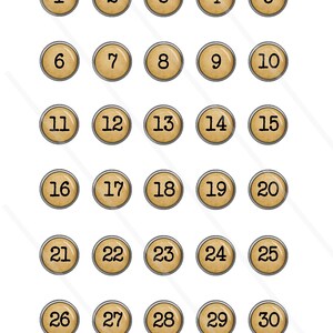 May include: Thirty round, beige buttons with black numbers 1 to 30. Each button has a silver rim.