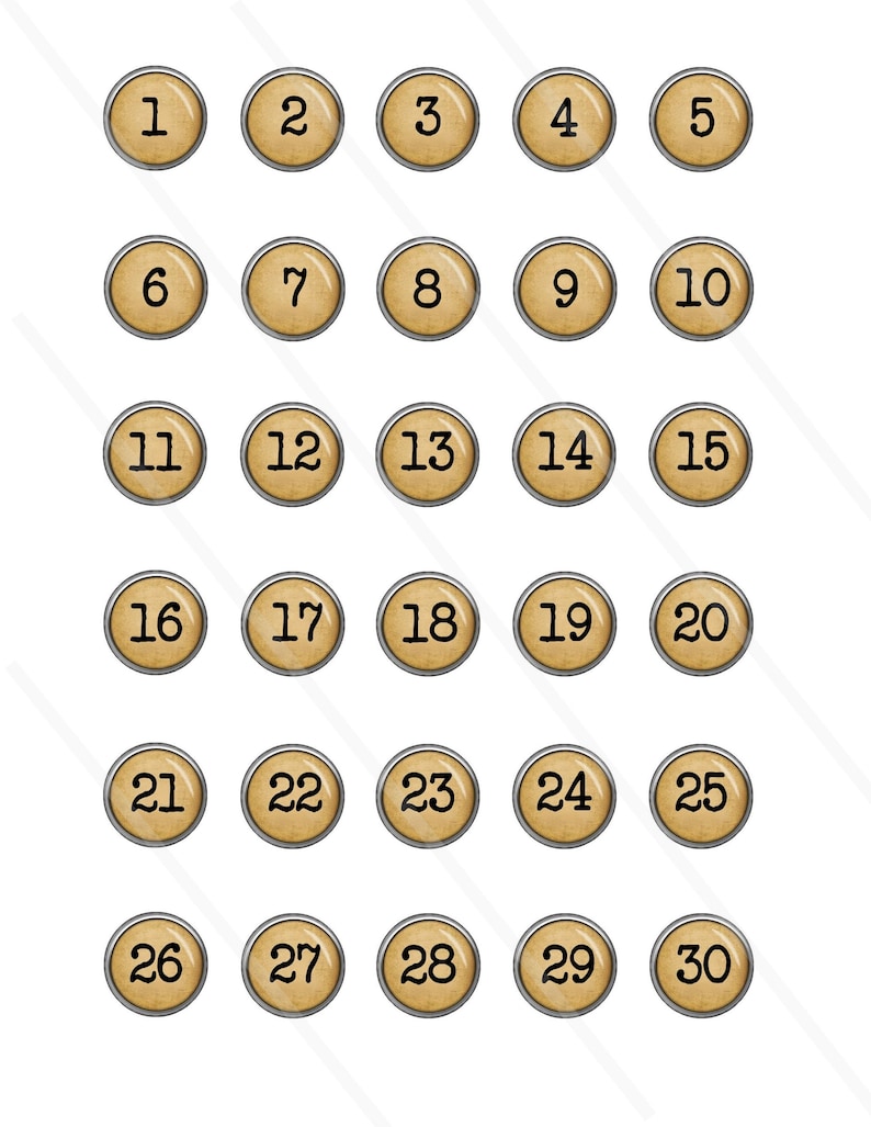 May include: Thirty round, beige buttons with black numbers 1 to 30. Each button has a silver rim.
