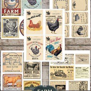Op de afbeelding: Een collage van vintage afbeeldingen met een boerenthema, waaronder illustraties van kippen, hanen, varkens, koeien en landbouwmachines. De afbeeldingen zijn in verschillende stijlen en kleuren, met een rustieke en nostalgische uitstraling. De tekst "FARM EPHEMERA PACK" staat in het midden van de collage.