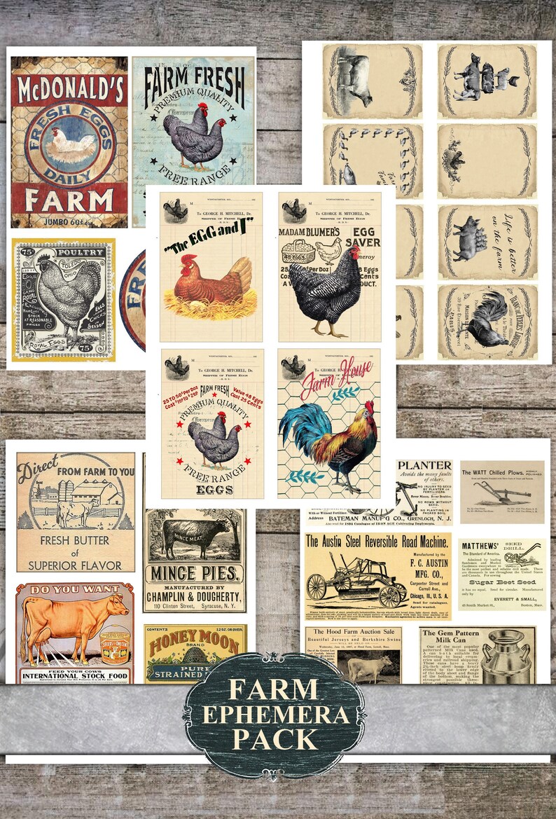 Op de afbeelding: Een collage van vintage afbeeldingen met een boerenthema, waaronder illustraties van kippen, hanen, varkens, koeien en landbouwmachines. De afbeeldingen zijn in verschillende stijlen en kleuren, met een rustieke en nostalgische uitstraling. De tekst "FARM EPHEMERA PACK" staat in het midden van de collage.