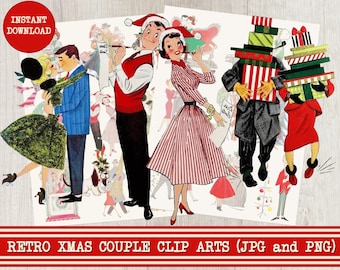 Vintage Christmas Couples 50&#39;s Fifties Clipart Clip Art Digital Collage Sheet Christmas Scrapbooking for Card Making Decoupage Paper PNG