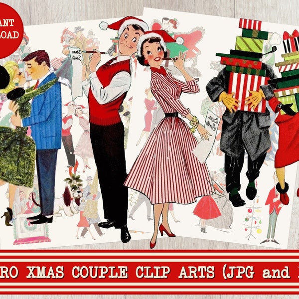 Vintage Christmas Couples 50's Fifties Clipart Clip Art Digital Collage Sheet Christmas Scrapbooking for Card Making Decoupage Paper PNG