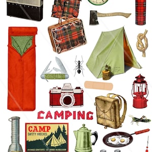Vintage Camping Digital Collage Sheets Outdoors Adventure Vintage clip art and ephemera printable PNG INSTANT Download journaling scrap