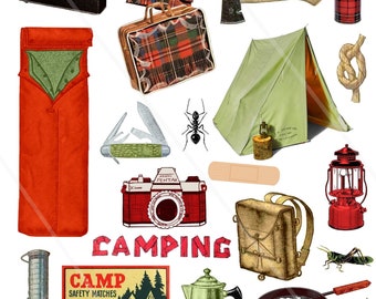 Vintage Camping Digital Collage Sheets Outdoors Adventure Vintage clip art and ephemera printable PNG INSTANT Download journaling scrap