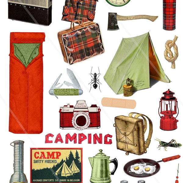 Images digitales vintage camping Ephemera, images  vacances plein air, scrapbooking, journaling, clip art images à imprimer allegradigital