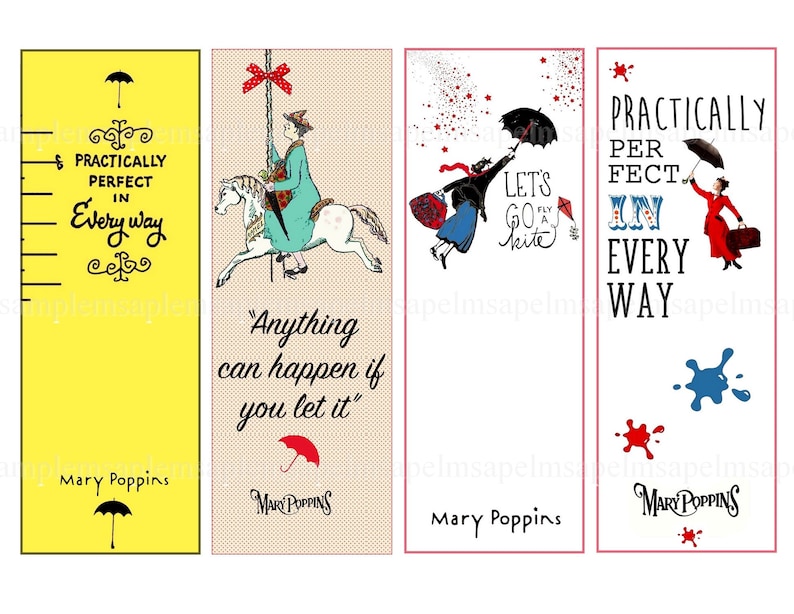 Może przedstawiać: Cztery kolorowe zakładki z cytatami i ilustracjami Mary Poppins. Pierwsza zakładka jest ż&oacute;łta z czarnym parasolem i cytatem "Praktycznie idealna pod każdym względem". Druga zakładka przedstawia czerwono-biało-niebieskiego konia karuzelowego z jeździeczką i cytatem "Wszystko może się zdarzyć, jeśli pozwolisz". Trzecia zakładka jest biała z czerwonym parasolem i cytatem "Chodźmy puścić latawiec". Czwarta zakładka jest biała z czerwonym parasolem i cytatem "Praktycznie idealna pod każdym względem".