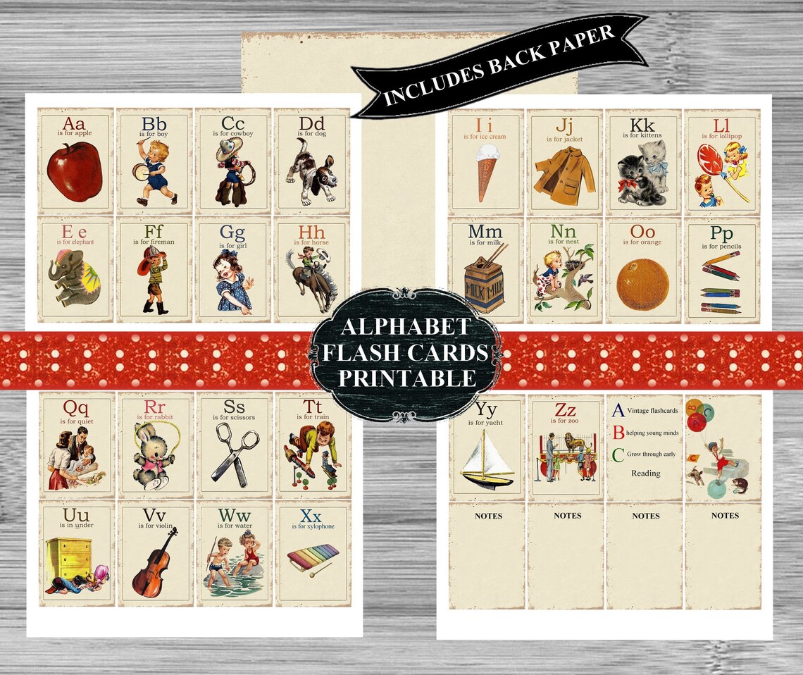 Vintage ABC Flash Cards Printable, Alphabet Letters Ephemera, Junk