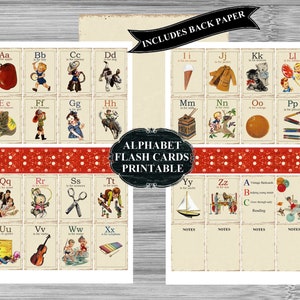 May include: Vintage alphabet flash cards printable. The cards feature illustrations of objects and animals, with the corresponding letter. The cards are arranged on a white background with a red and white polka dot border. The text "ALPHABET FLASH CARDS PRINTABLE" is visible.